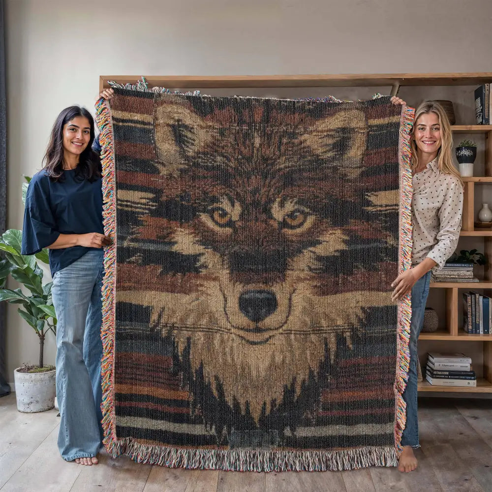 Wolf woven blanket with wildlife-inspired tapestry of textured wolf face