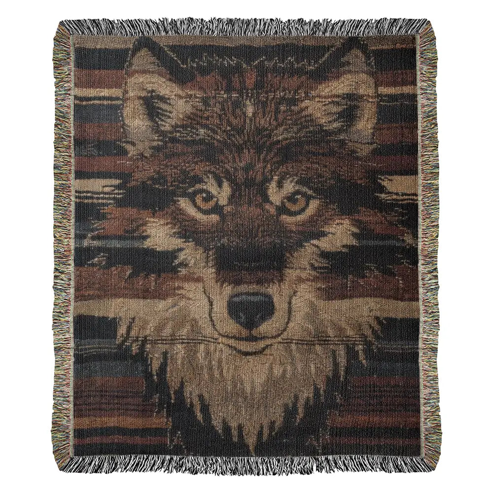 Brown and black wolf woven blanket with wildlife-inspired tapestry design