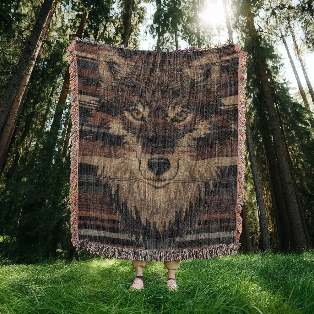 Wolf woven blanket with earth-toned wildlife-inspired tapestry design