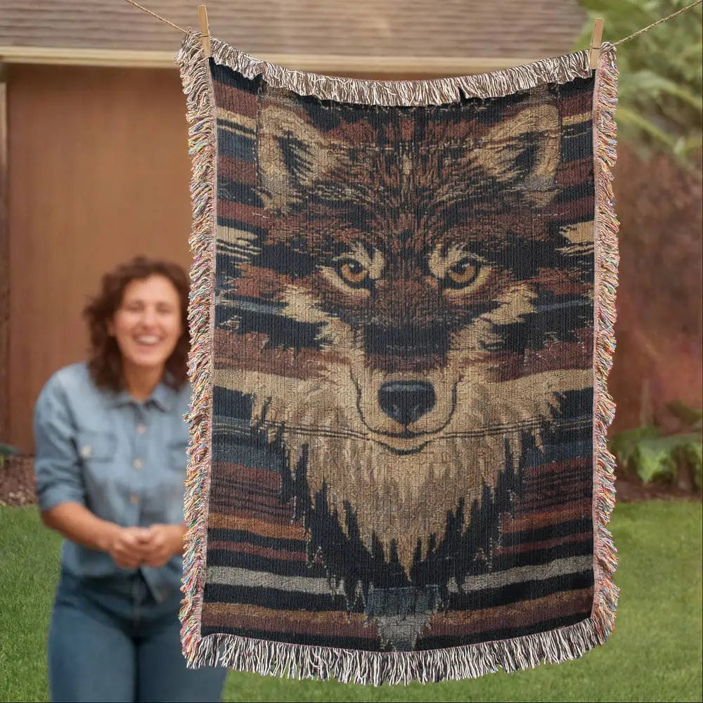 Wolf woven blanket tapestry with earth-toned wolf face