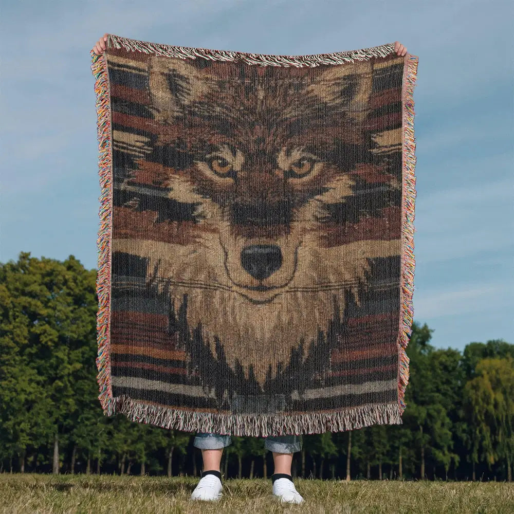 Wolf woven blanket: wildlife-inspired tapestry with outdoor aesthetic nature wolf face