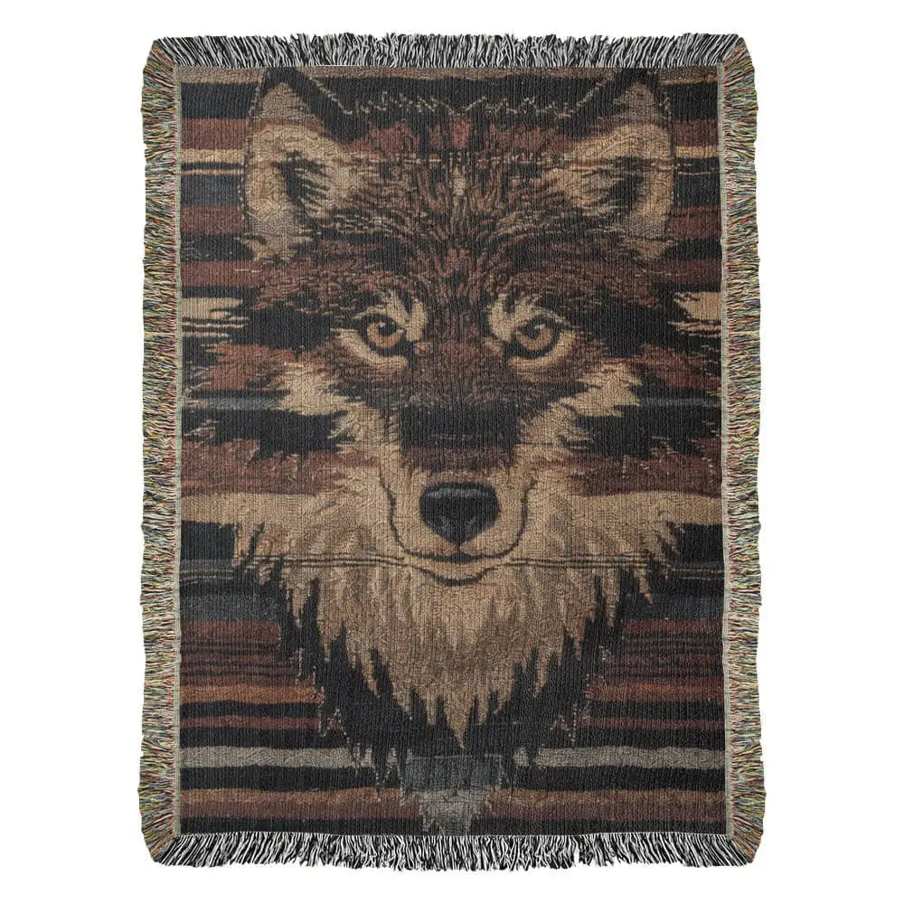 Wolf woven blanket with detailed black and brown wolf face, fringed edges