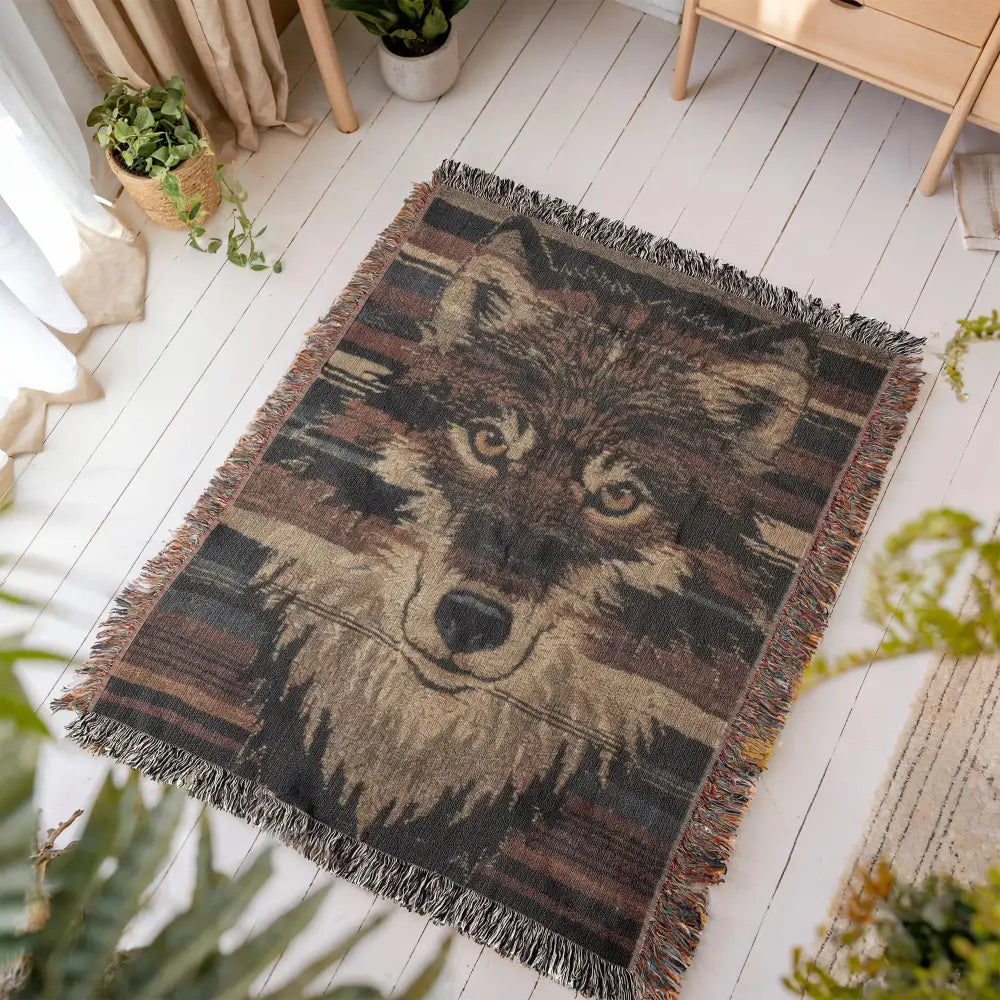 Wolf woven blanket: wildlife-inspired tapestry with wolf face in earthy tones