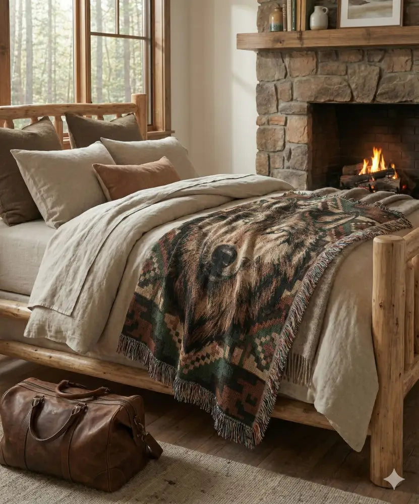 Wolf woven cotton wildlife lodge throw blanket with cozy wolf face design