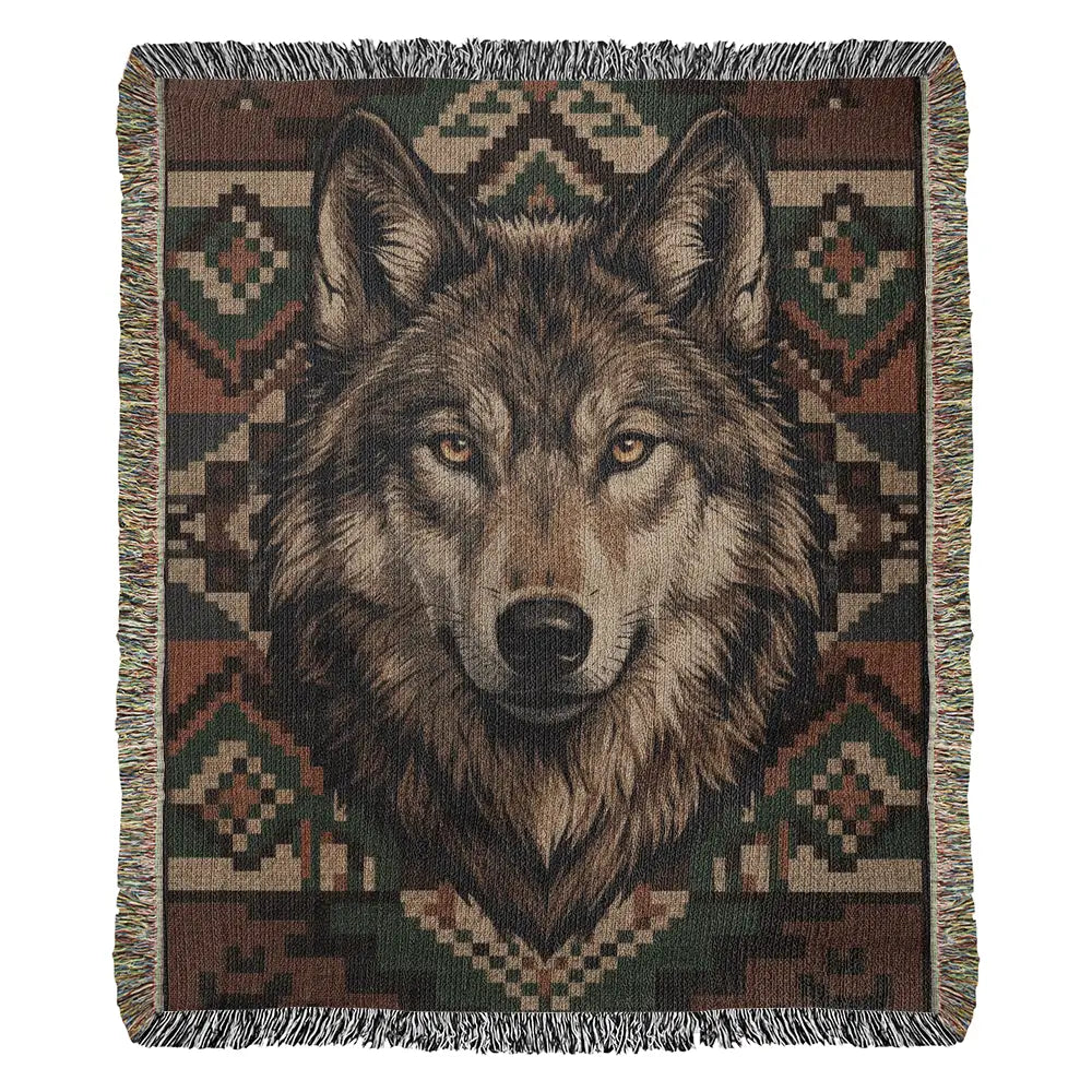 Wolf woven cotton blanket with gray wolf tapestry in earthy tones