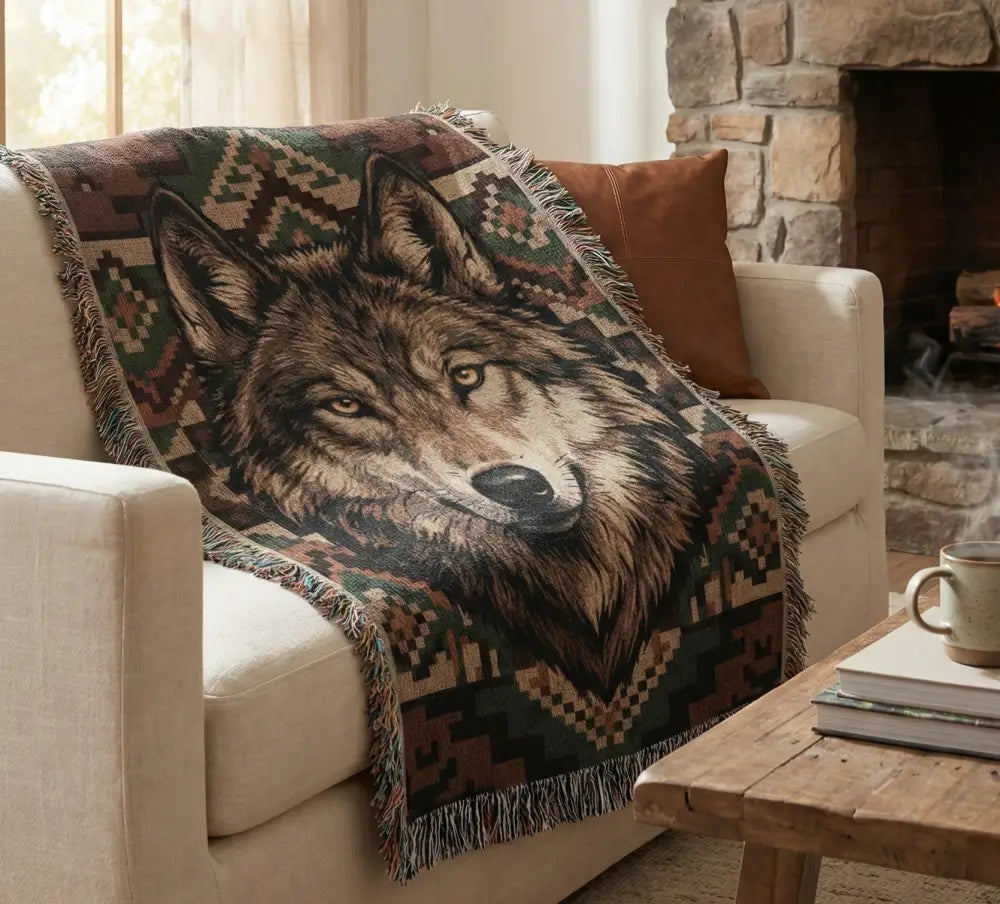 Wolf woven cotton blanket with realistic wolf face in earthy tones