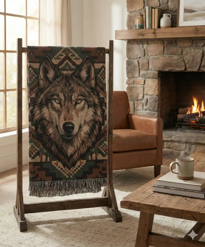 Wolf woven cotton wildlife lodge throw with rustic wolf face design