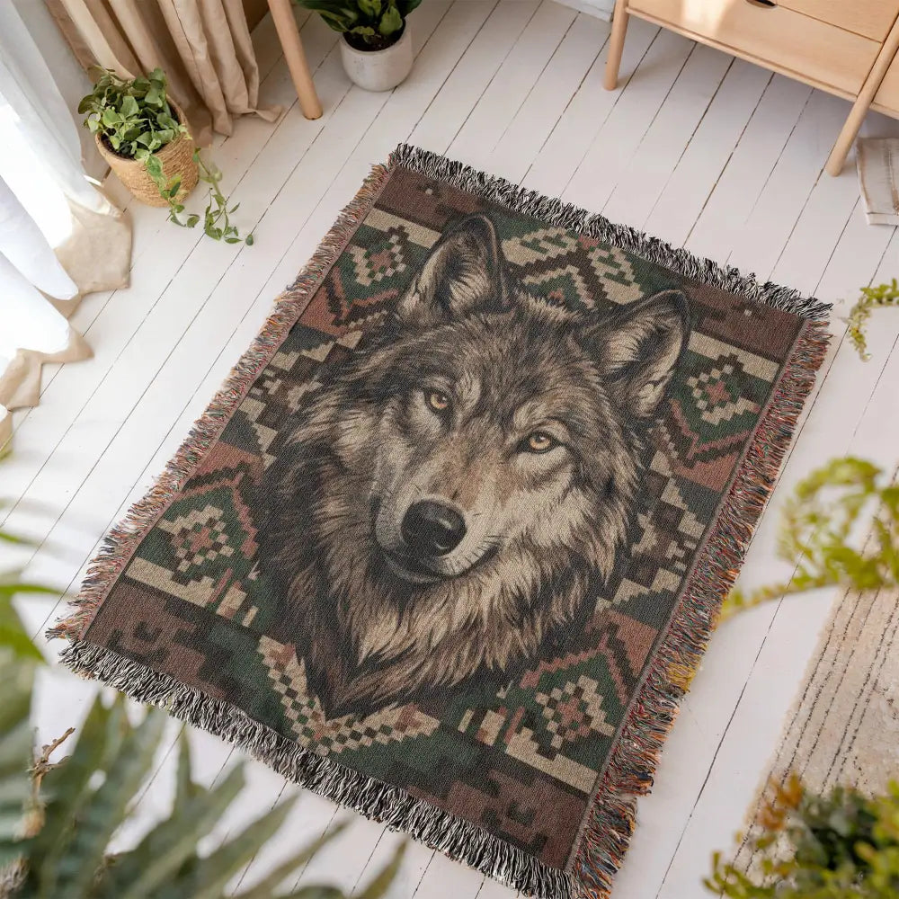 Wolf woven cotton blanket with gray wolf tapestry on earth-toned pattern