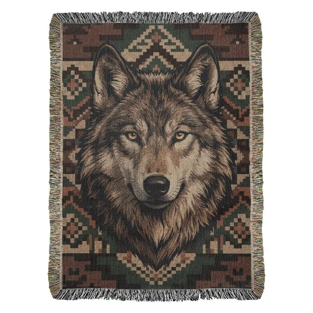 Wolf woven cotton blanket with realistic wolf face tapestry