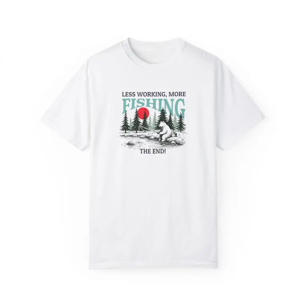 White short-sleeved t-shirt with bear fishing graphic, Trini Skies series
