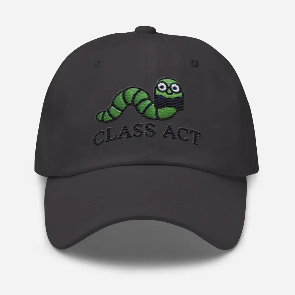 Worm Class embroidered dad hat with green worm in glasses