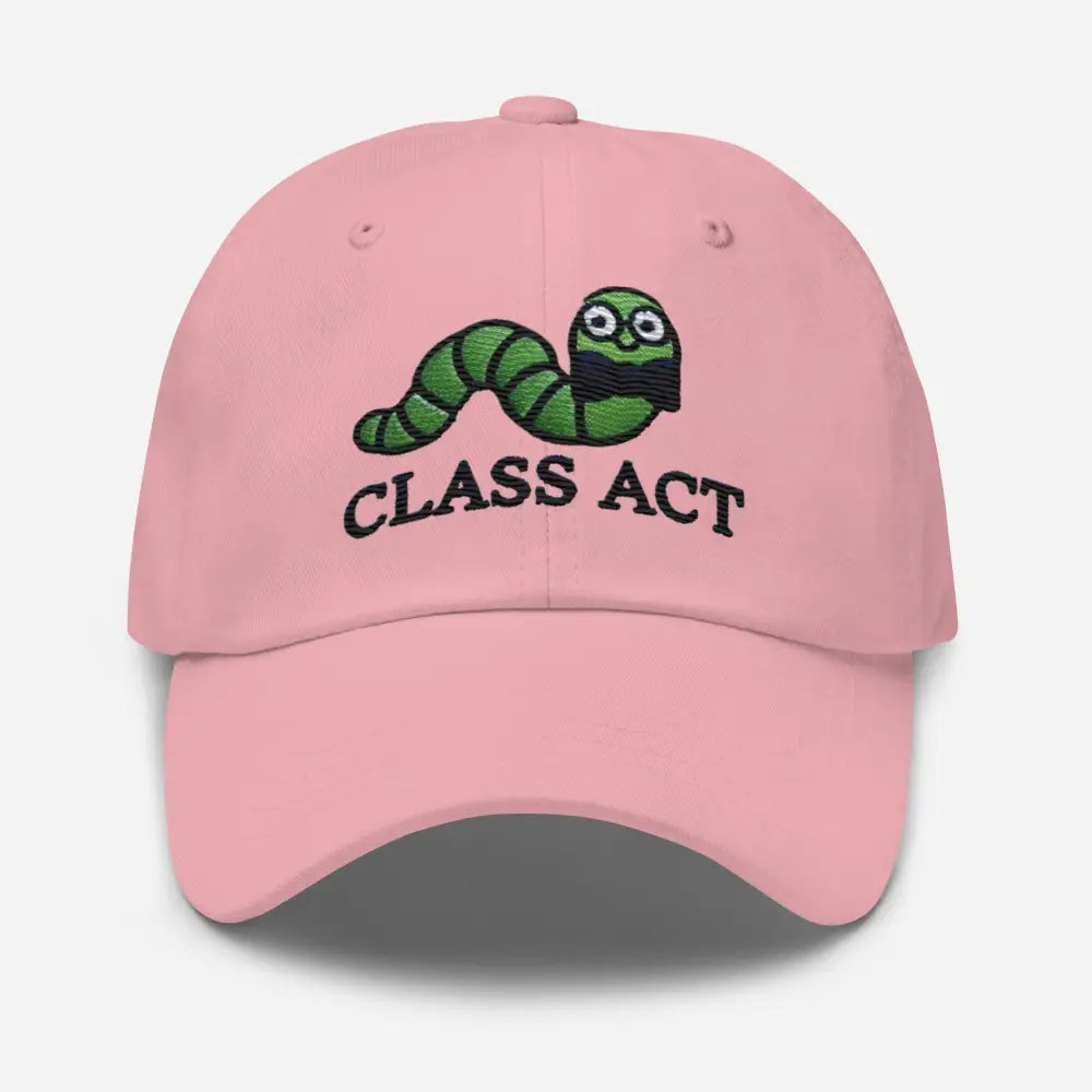 Trini Skies Worm Class embroidered dad hat with pink cap and green worm in glasses