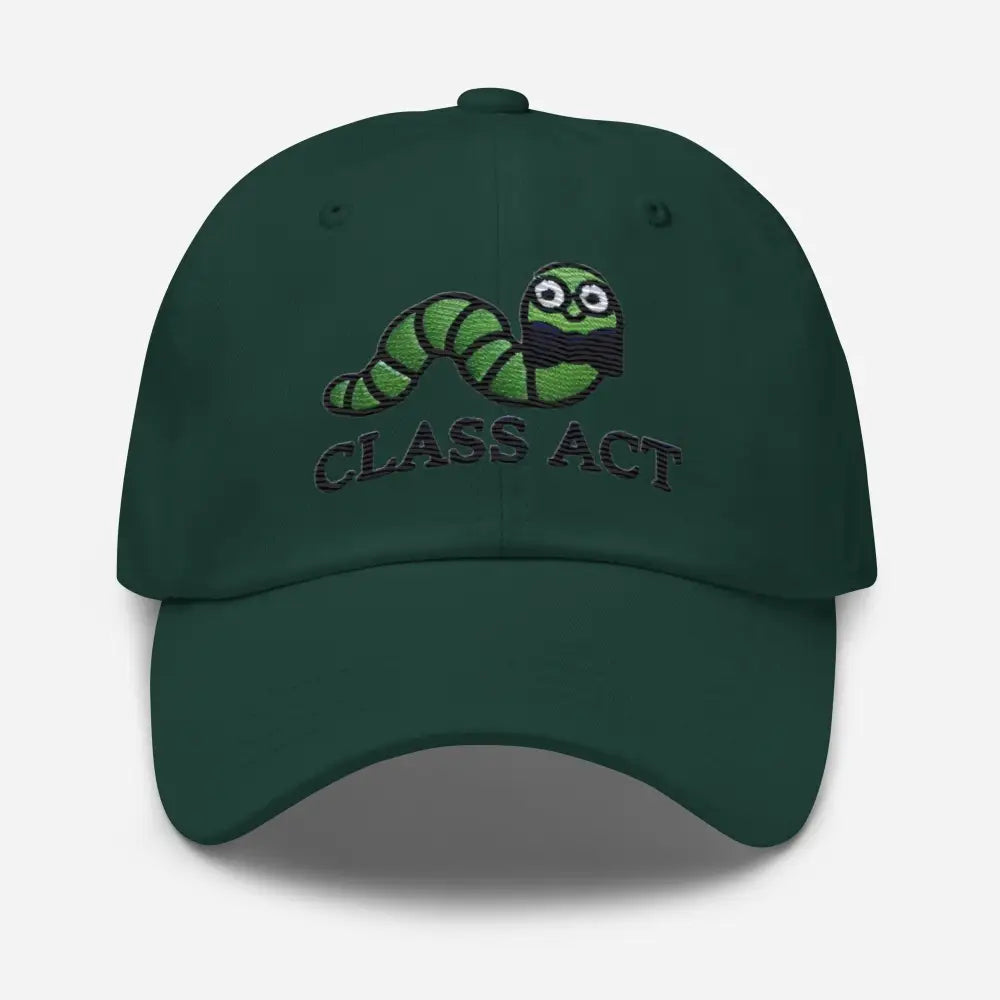 Worm Class embroidered dad hat with cartoon worm in glasses