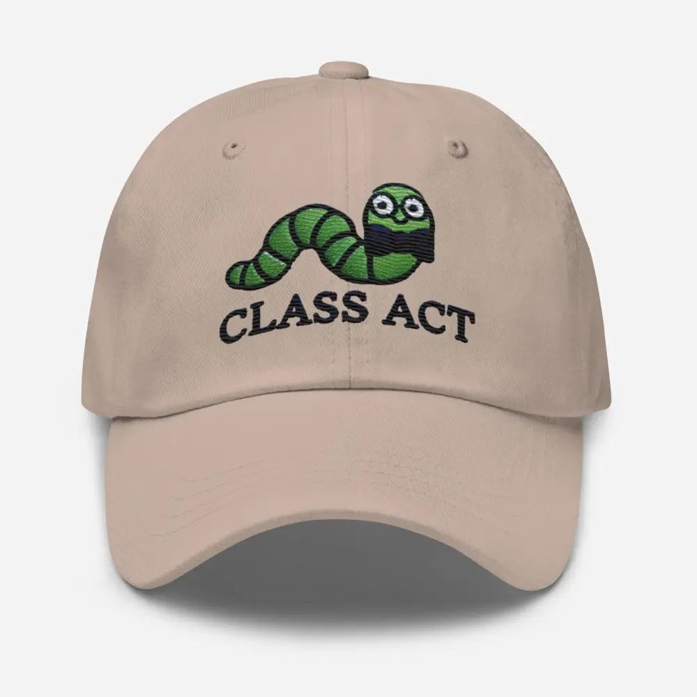 Trini Skies Worm Class embroidered dad hat with tan cap and green worm in bow tie