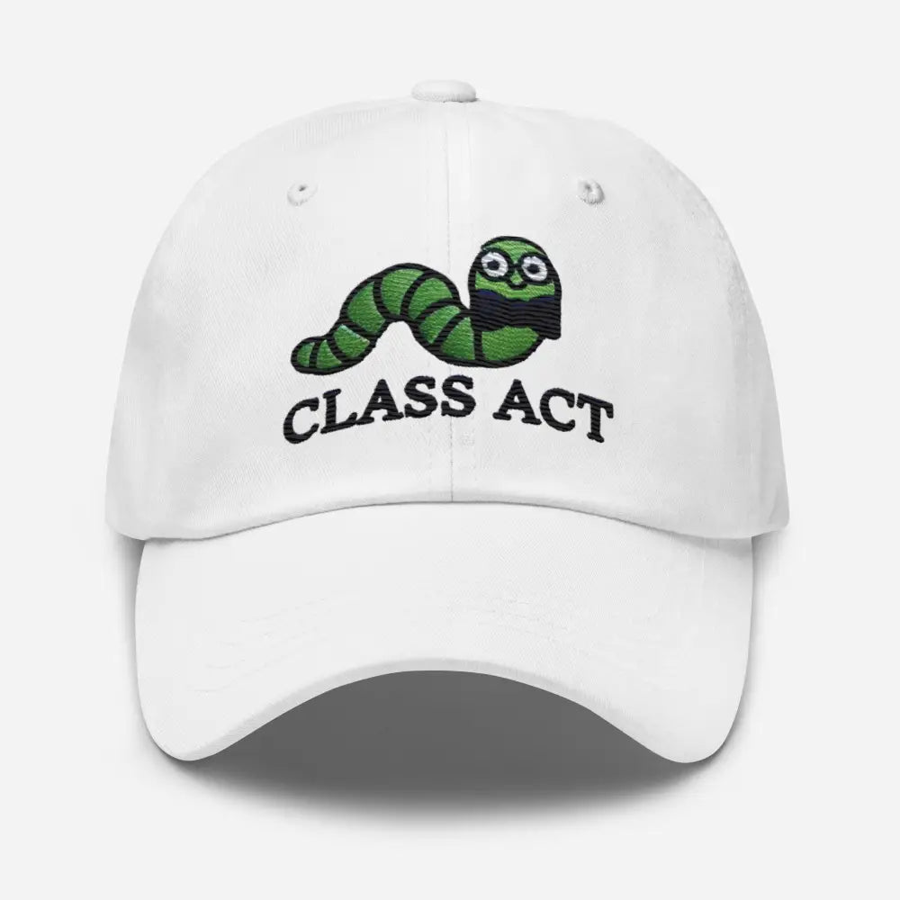 Worm Class embroidered dad hat with green bow tie worm