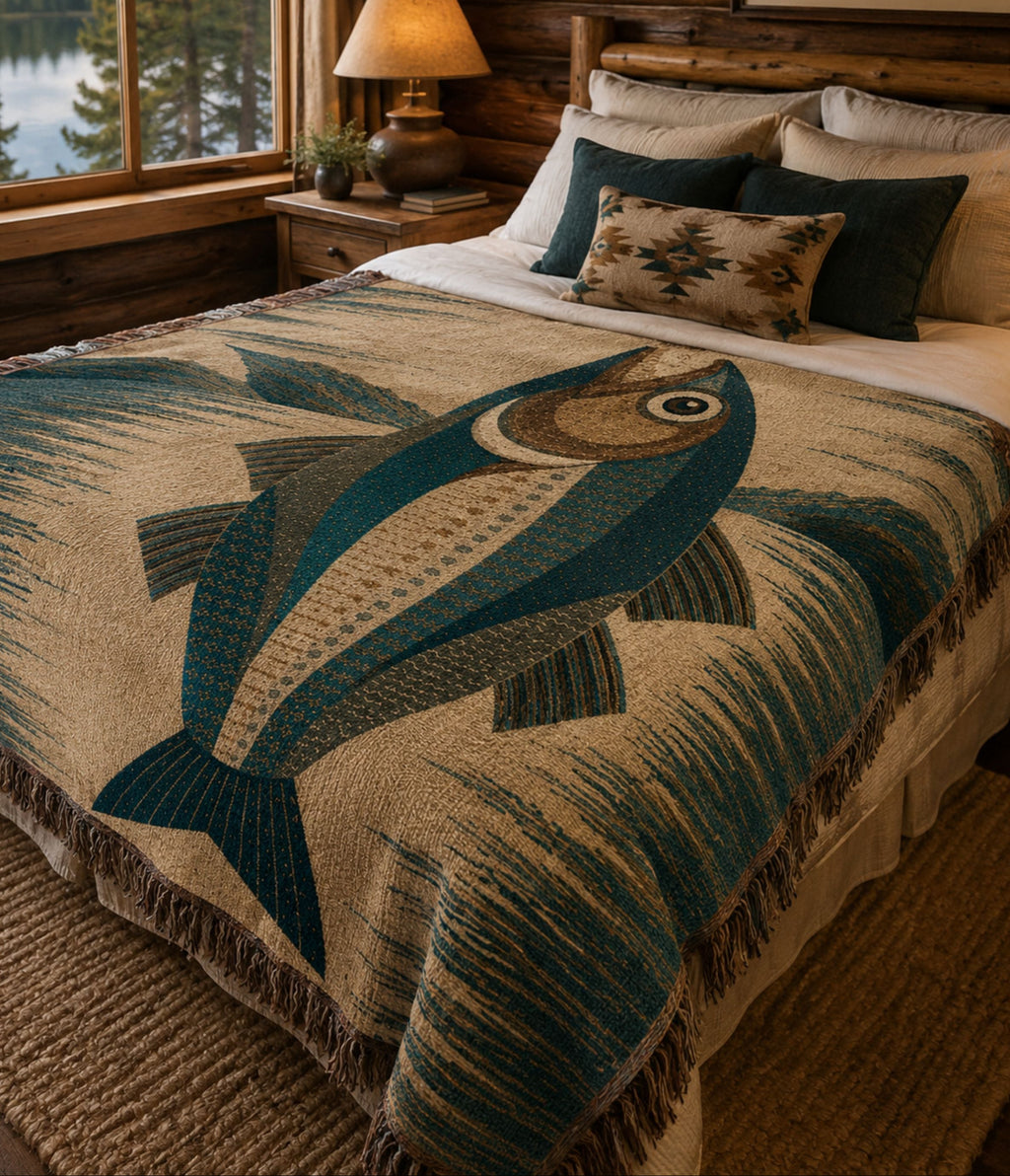 Wild Trout woven cotton throw on a log cabin bed — large-scale trout blanket in teal and natural cotton, 60 by 80 inches

