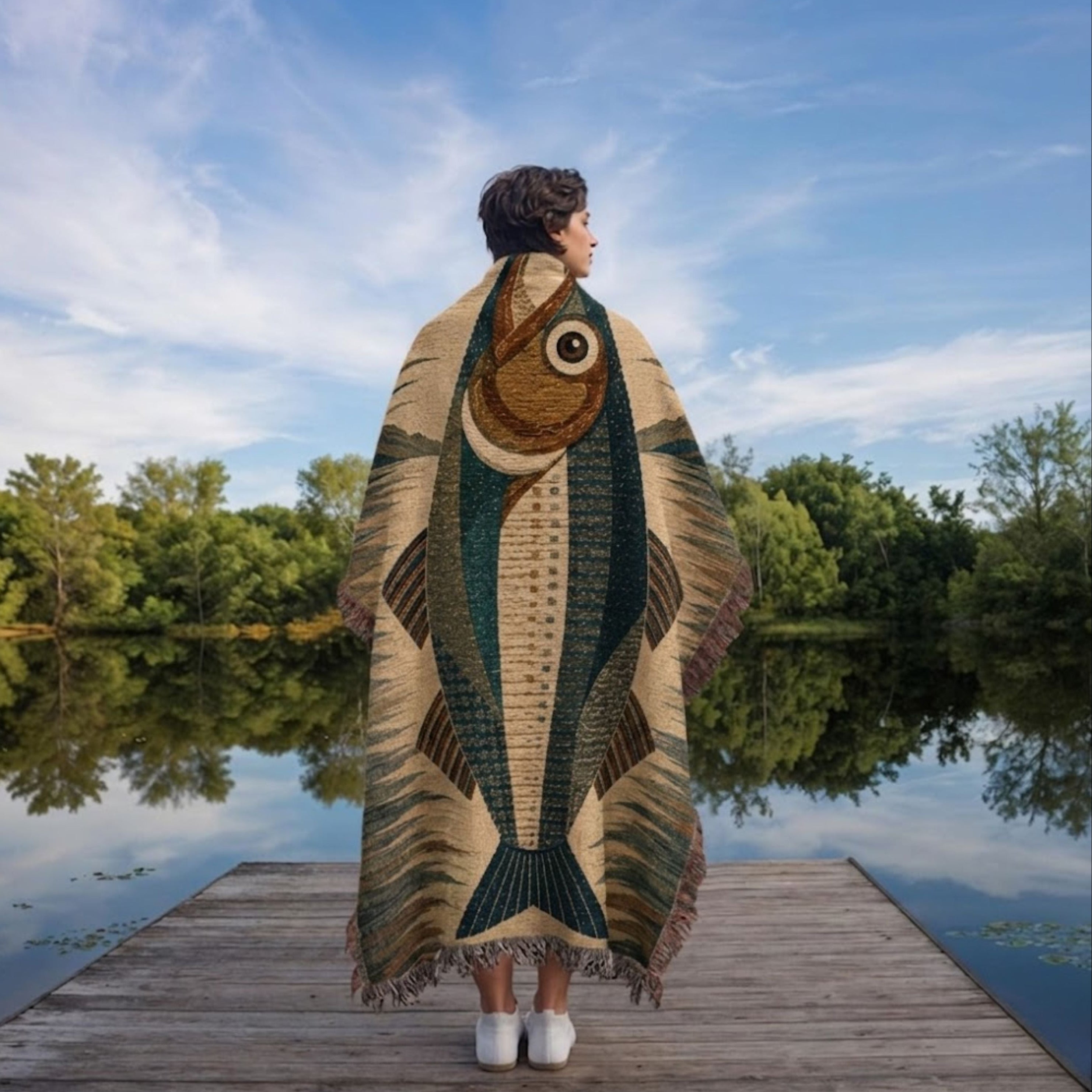 Woman wrapped in Wild Trout woven cotton throw at a mountain lake shoreline — jacquard woven fishing blanket in teal and natural cotton


