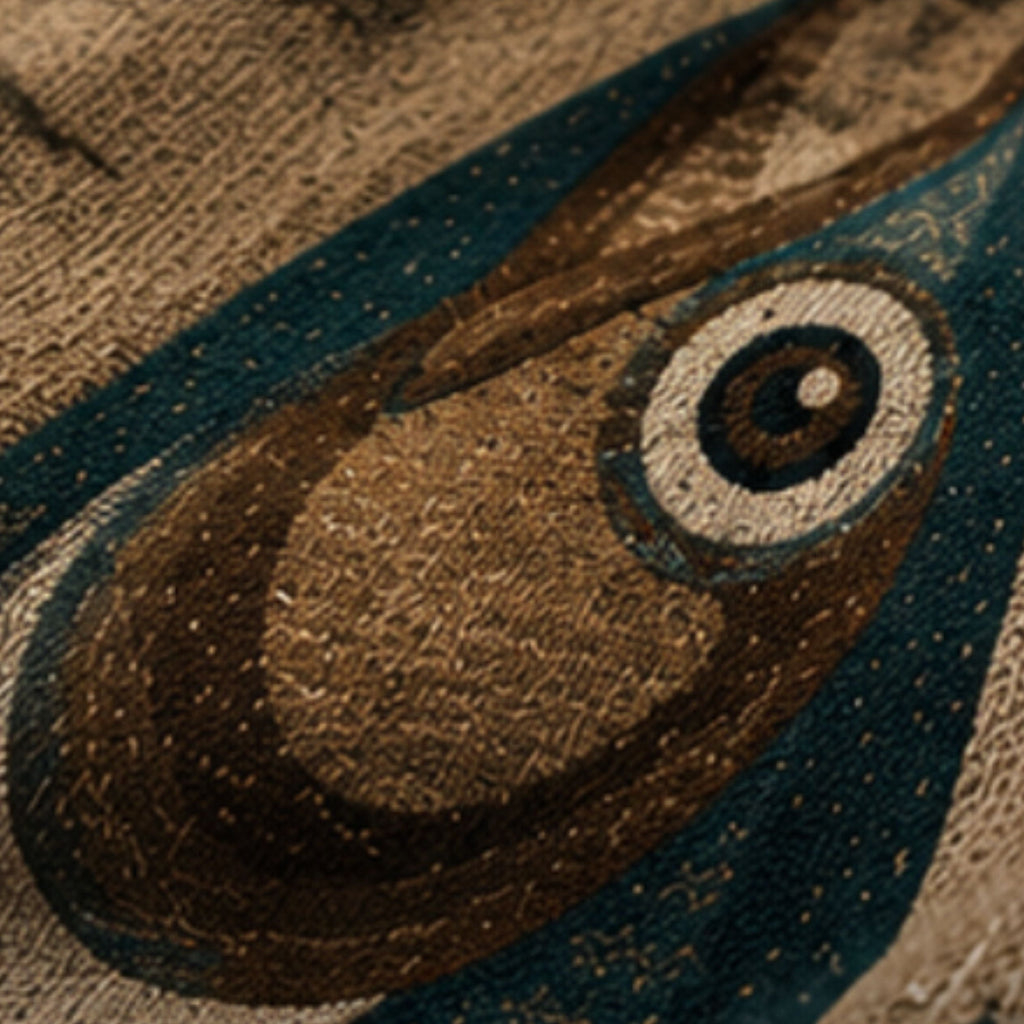 Close-up of Wild Trout woven throw showing folk art trout scale detail and multicolor fringe — 100% cotton jacquard woven

