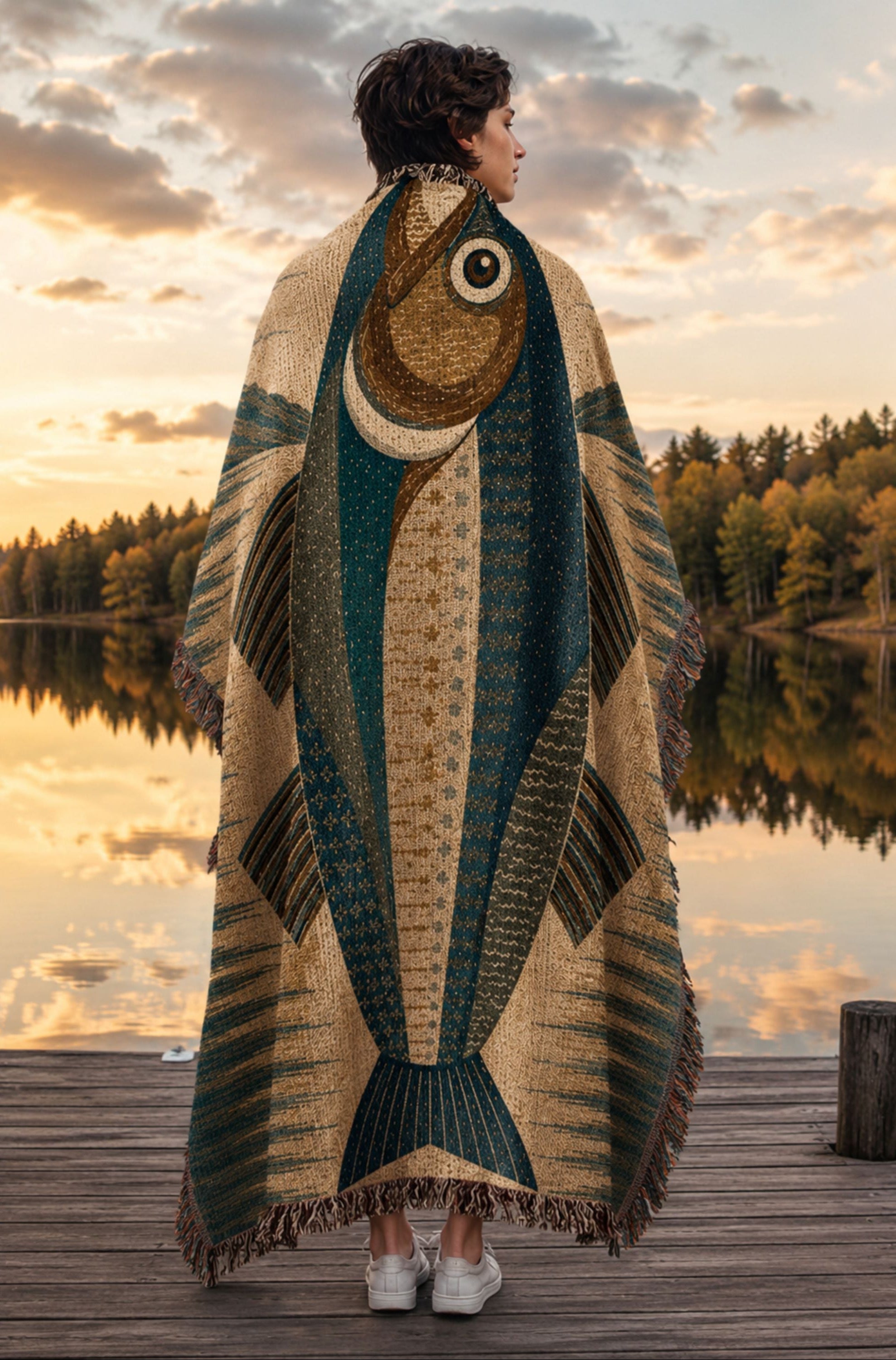 Woman wrapped in Wild Trout woven cotton throw on a lake dock at sunset — large-scale trout folk art blanket in teal and tan with fringe

