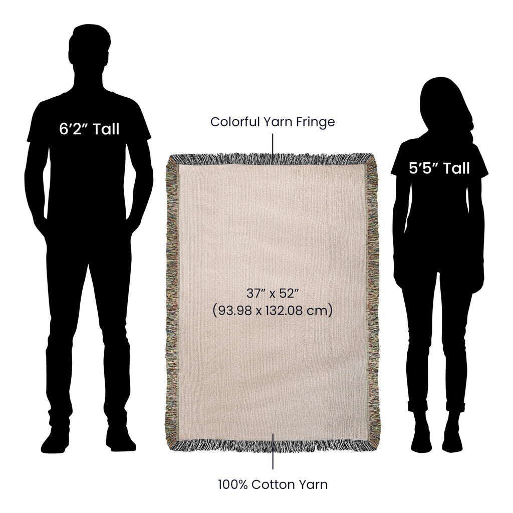 Trini Skies Woven Blankets Measurement chart showing a blanket's dimensions with two silhouettes of people for scale 37x52.