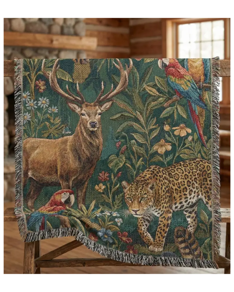 Luxury jacquard woven tapestry throw with wildlife design of stag, jaguar, macaw