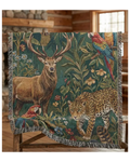Luxury jacquard woven tapestry throw with wildlife design of stag, jaguar, macaw