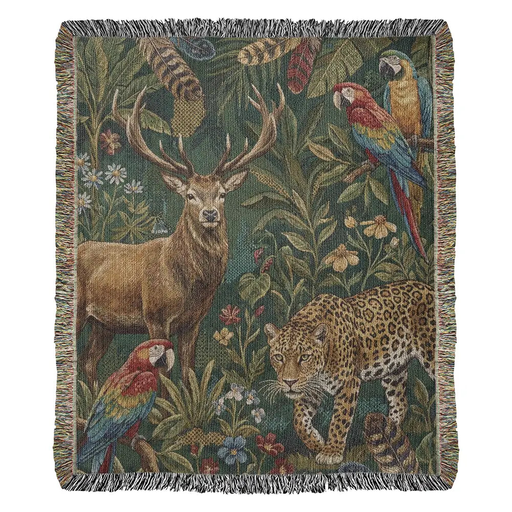 Luxury jacquard woven tapestry throw with wildlife design of stag, leopard, parrots