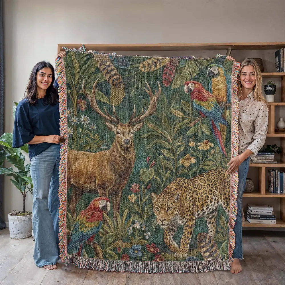 Luxury jacquard woven tapestry throw with wildlife design of stag, jaguar, macaw