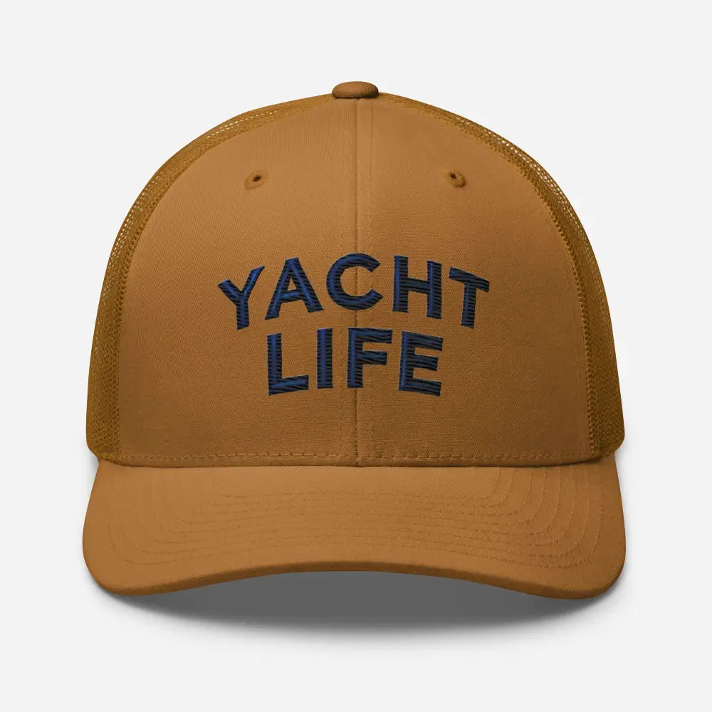 Trini Skies brown embroidered corduroy trucker hat with yacht life design