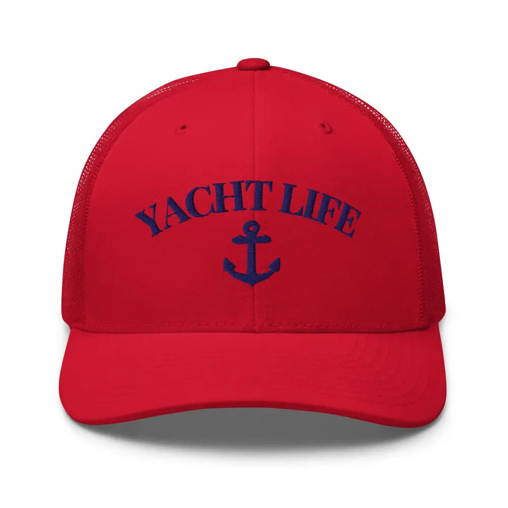 Trini Skies Yacht Life Embroidered Red Mesh Trucker Cap