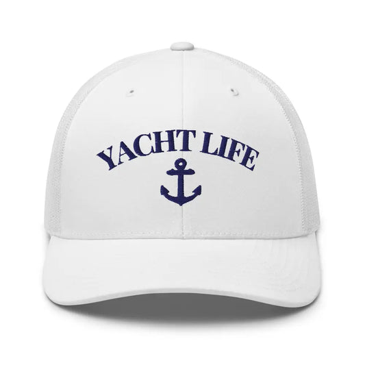 Yacht Life Embroidered Trucker Cap Nautical Style for Sun-Kissed Days - White - Hats white trucker hat navy blue 1
