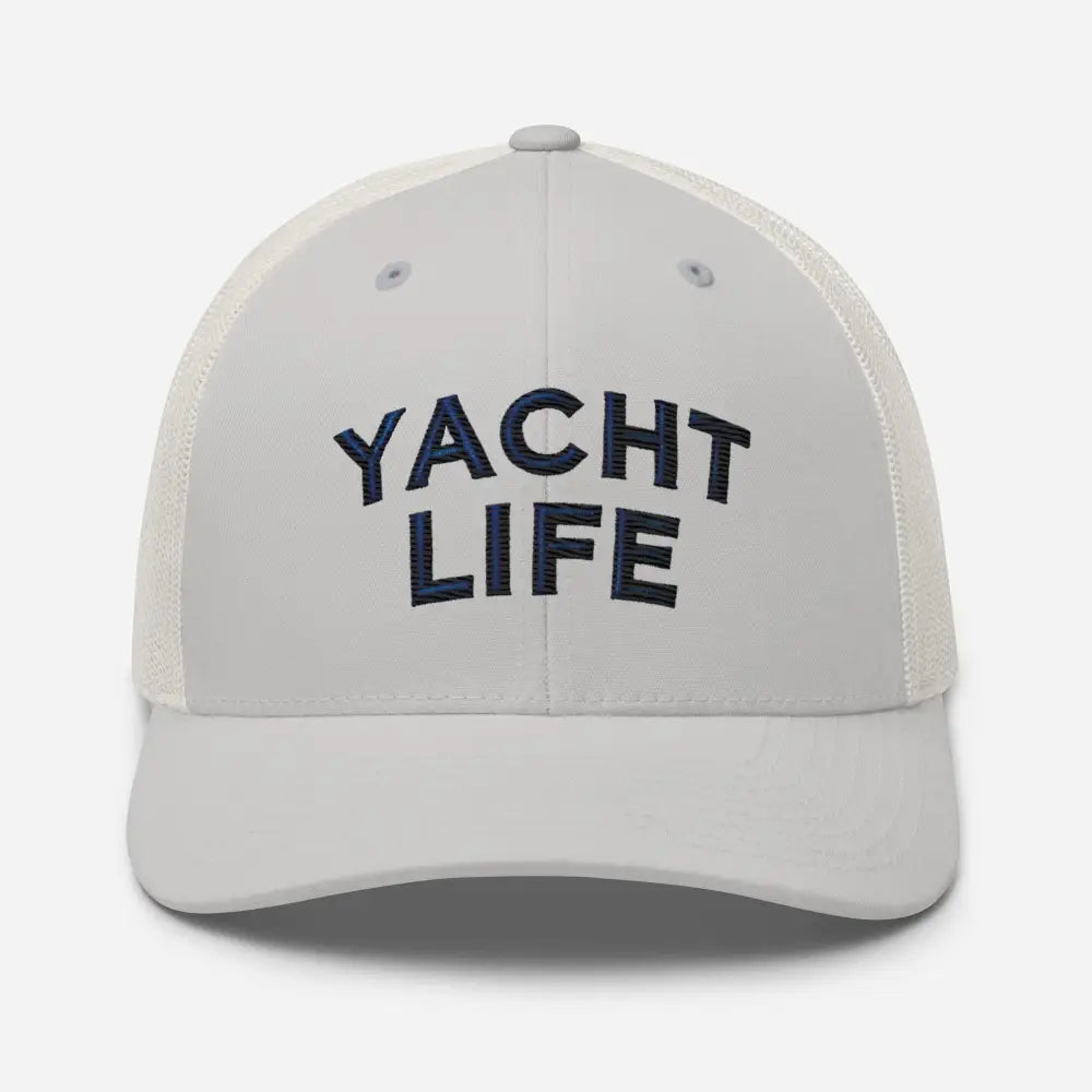 Trini Skies white trucker hat with yacht life embroidered corduroy design