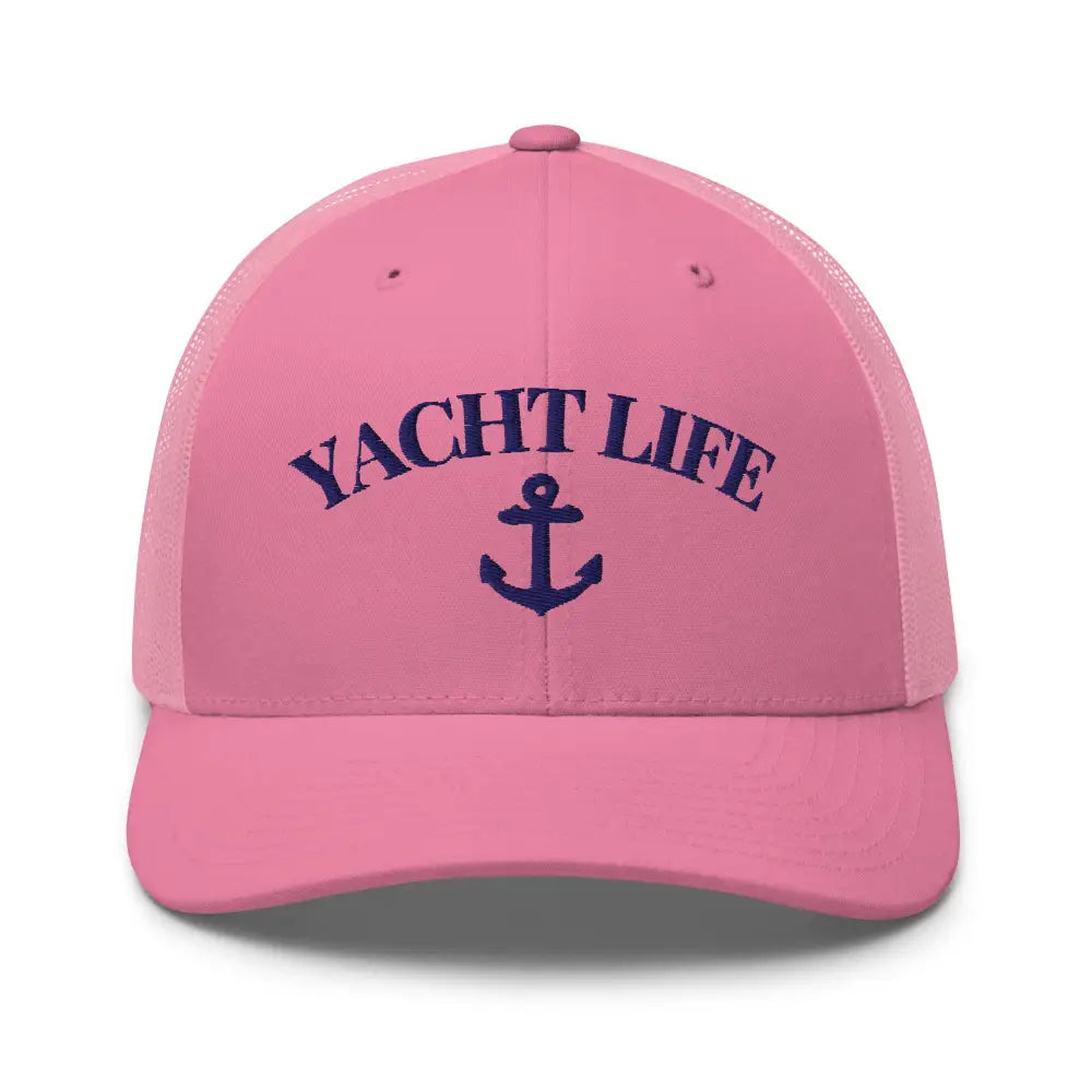 Pink Trini Skies yacht life embroidered trucker cap with blue anchor