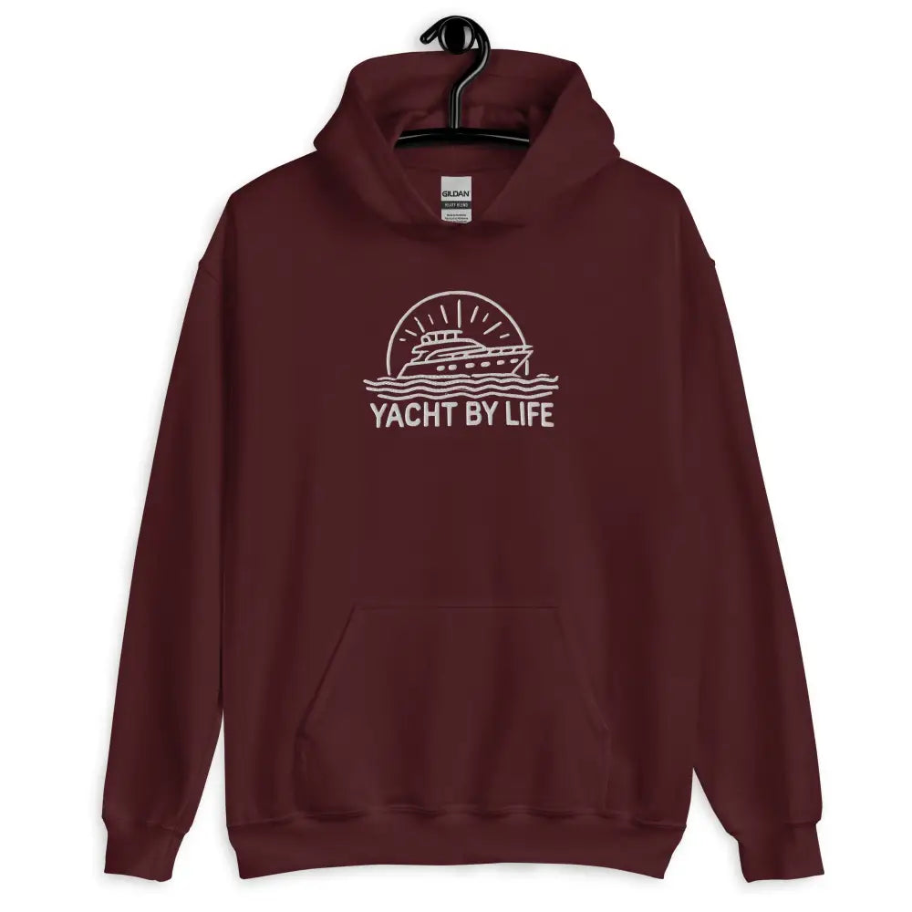 Maroon Yacht Life embroidered hoodie with Trini Skies graphics