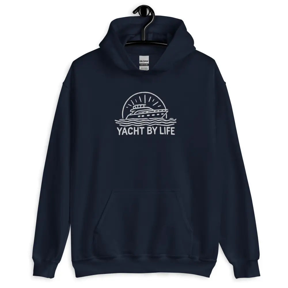 Navy blue Yacht Life embroidered hoodie with Trini Skies graphics