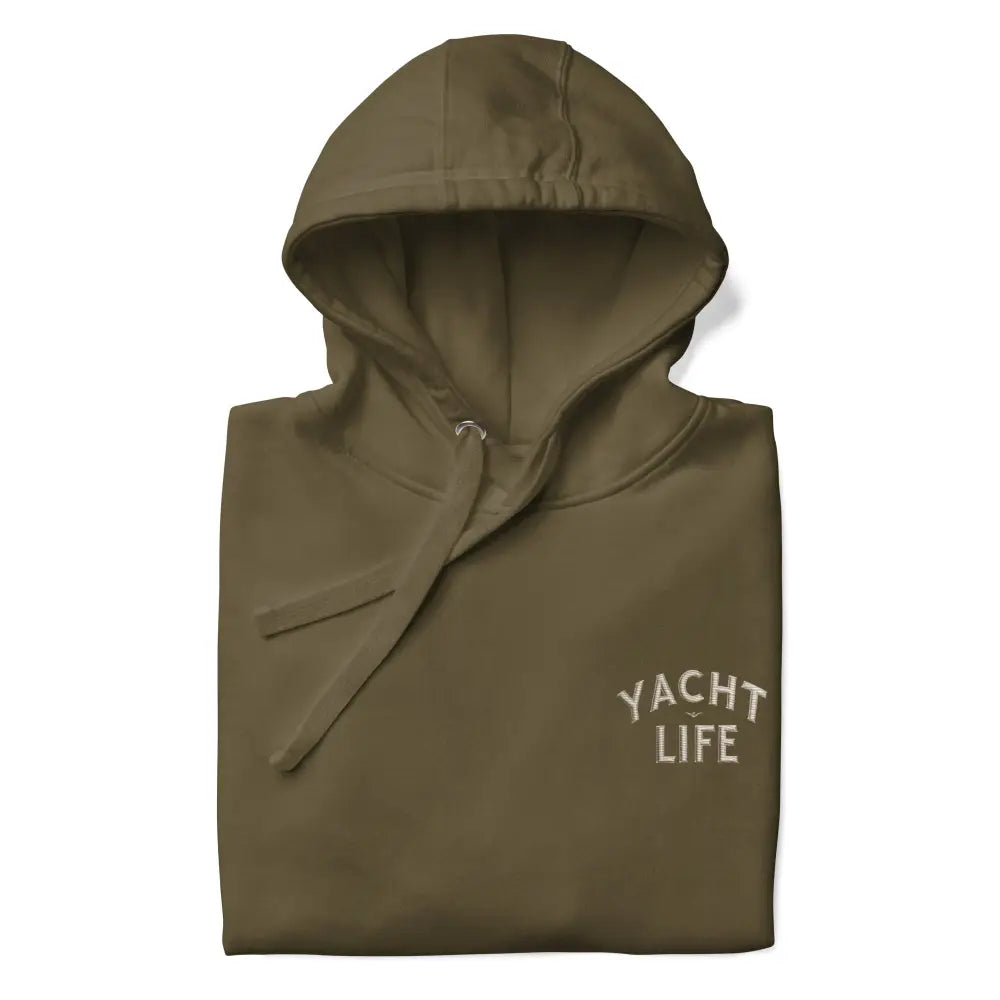 Olive green Yacht Life embroidered Trini Skies hooded sweatshirt