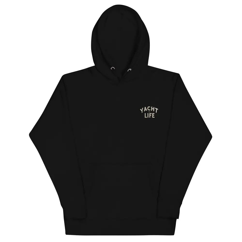 Trini Skies Yacht Life embroidered black hooded sweatshirt