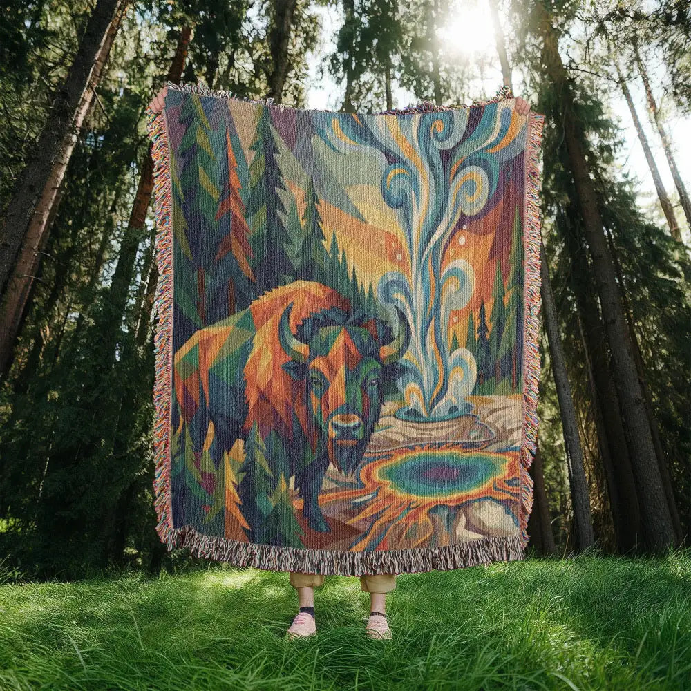 Yellowstone bison geometric woven cotton blanket with trini skies tapestry