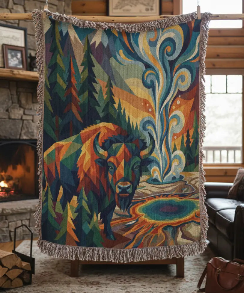 Yellowstone bison geometric woven cotton blanket with vibrant bison pattern
