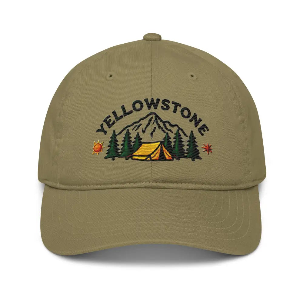 Olive green Yellowstone organic cotton camping unstructured cap with embroidered mountain scene