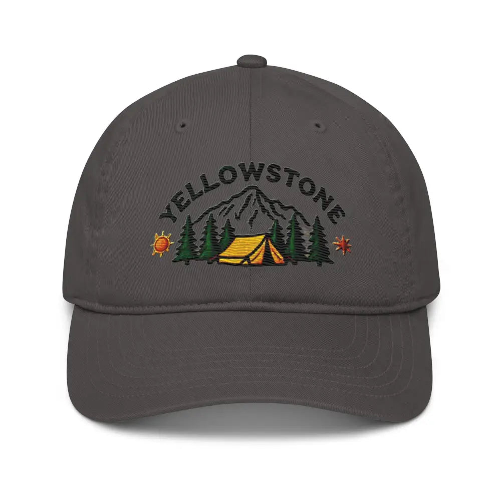 Charcoal gray Yellowstone camping unstructured cap with embroidered scene, made from Yellowstone organic cotton