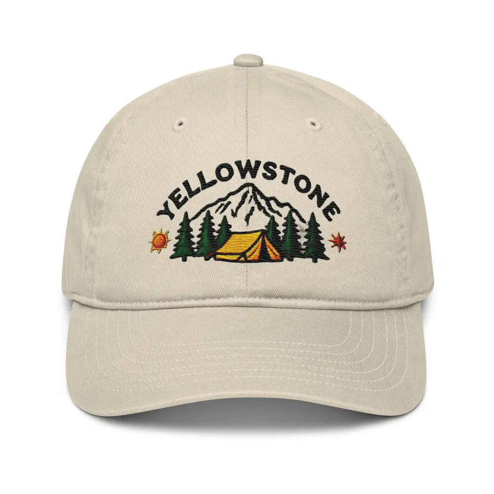 Beige Yellowstone Mountain embroidered hat made of organic cotton, perfect camping unstructured cap