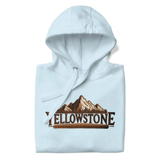 Light blue Yellowstone-inspired unisex hoodie with mountain graphic for hiking nature lovers