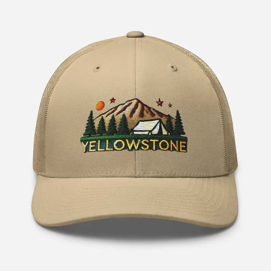 Tan Yellowstone National Park embroidered trucker hat with camping scene