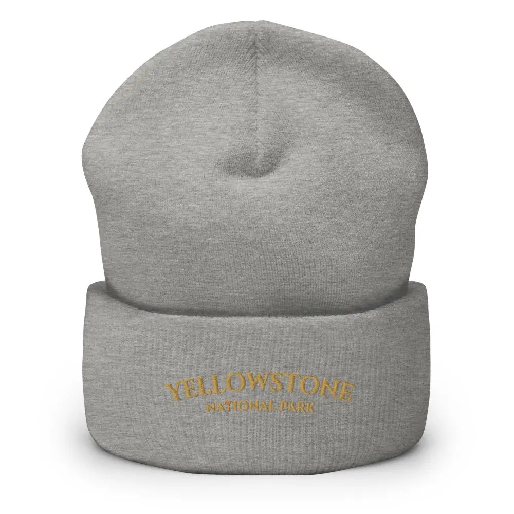 Light gray knit Trini Skies Yellowstone National Park embroidered cuffed beanie