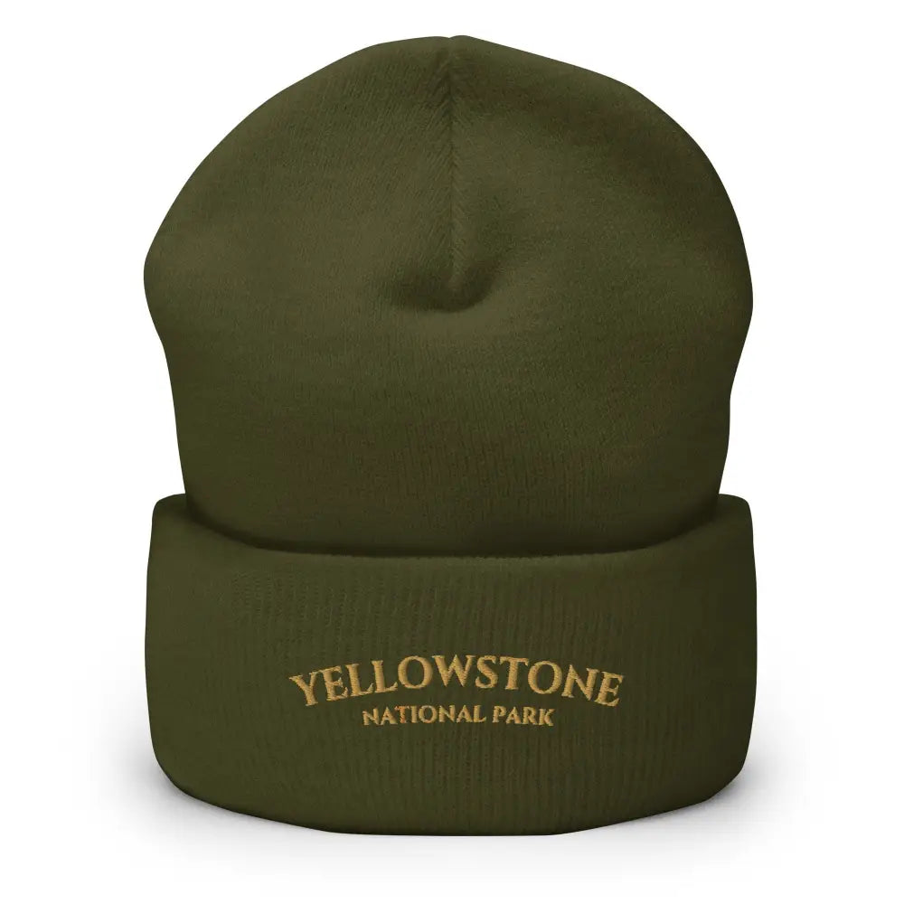Olive green Yellowstone National Park embroidered knit beanie by Trini Skies