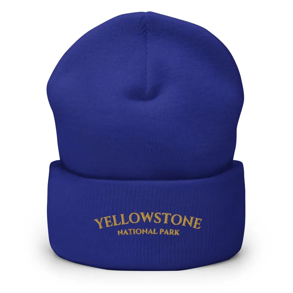 Blue knit beanie with Yellowstone National Park embroidery by Trini Skies