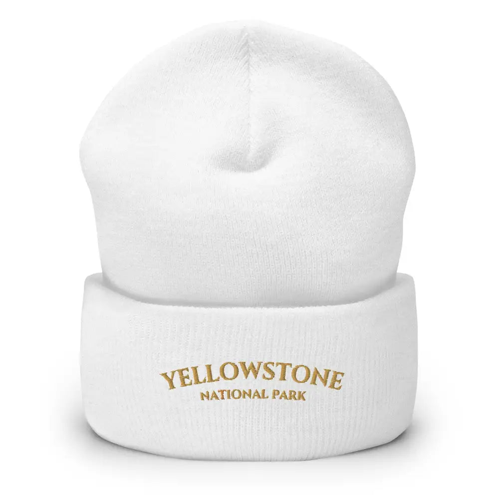 White Yellowstone National Park embroidered knit beanie by Trini Skies