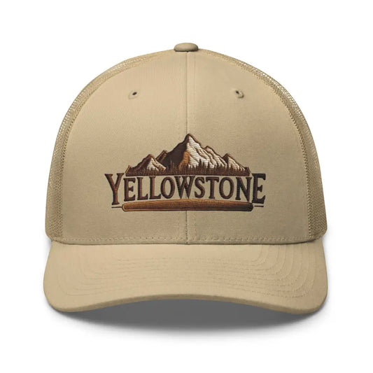 Yellowstone National Park embroidered corduroy cap with tan trucker hat mountain design