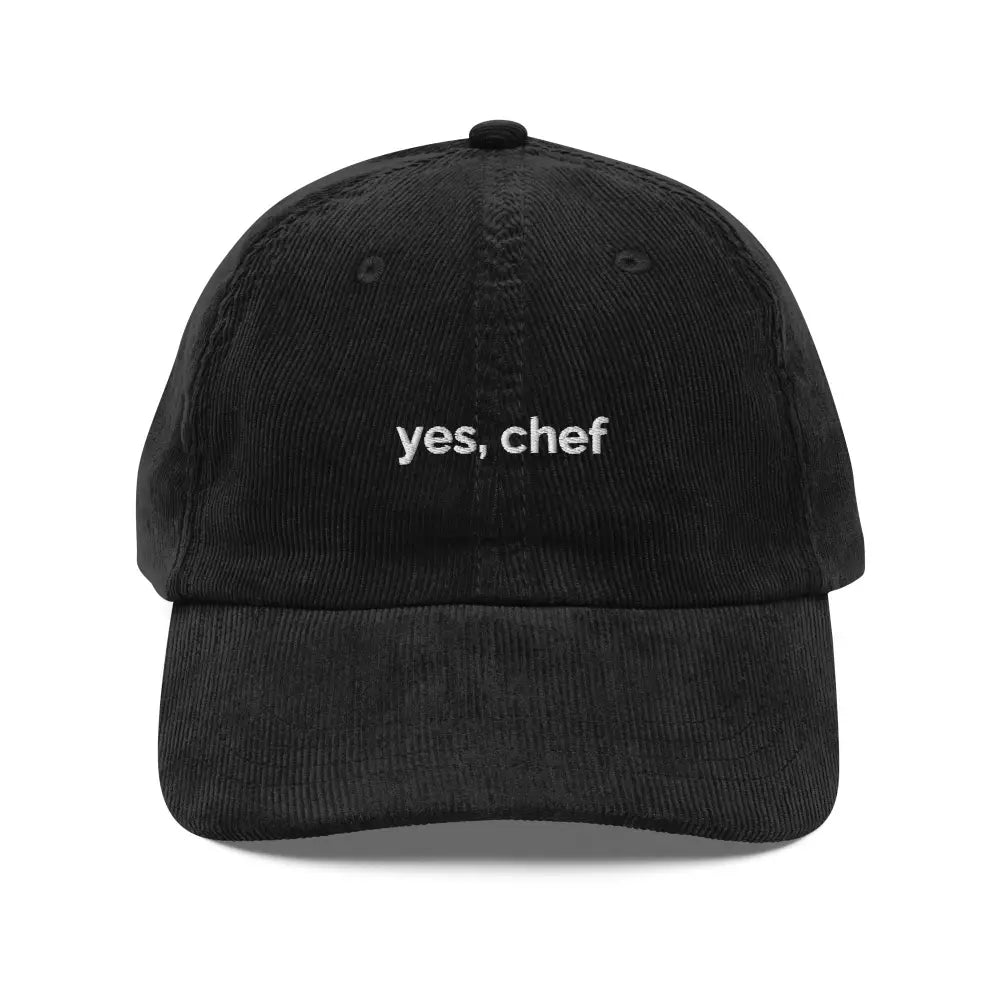 Black embroidered corduroy cap with Yes Chef design, vintage culinary style